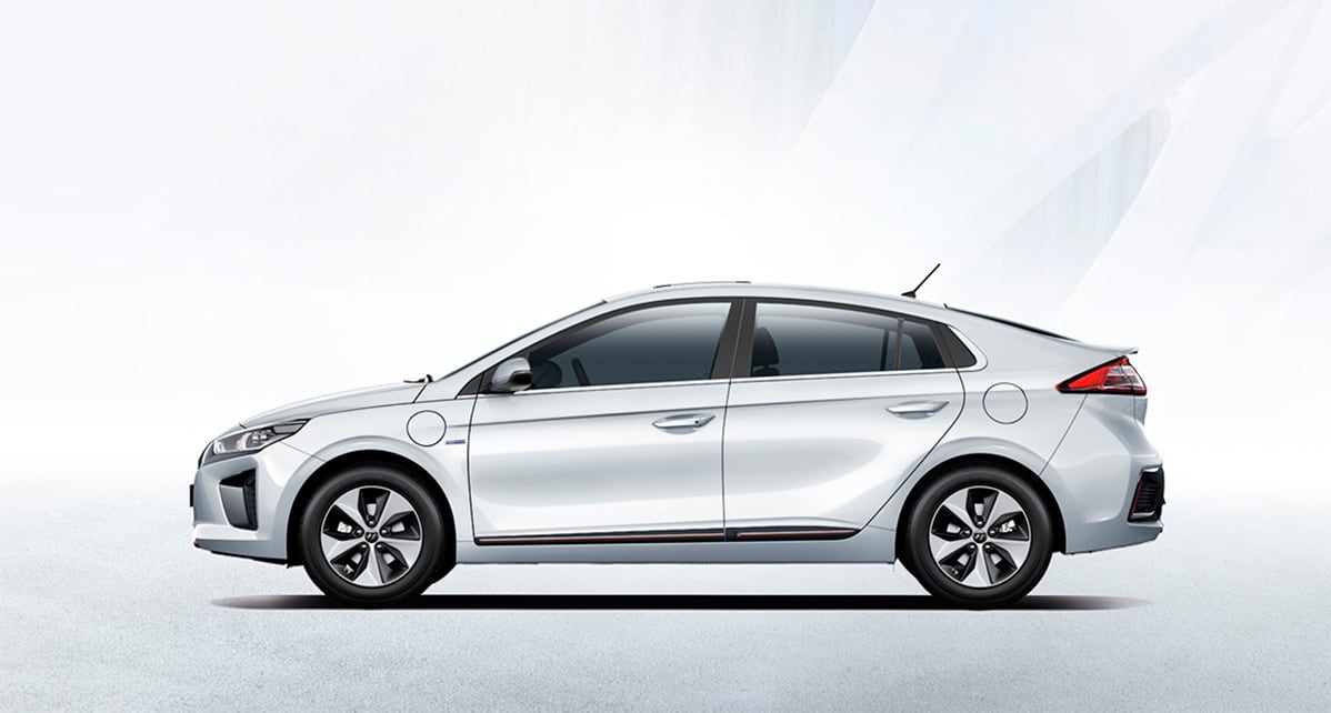 Side view of white Ioniq Electric with white background